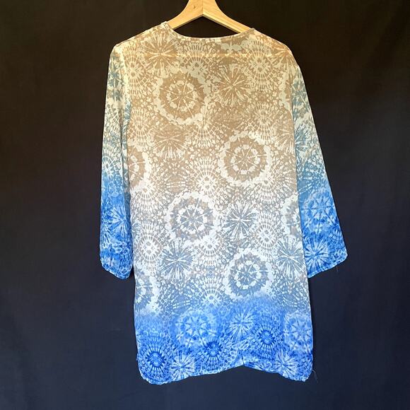 Portocruz geometric blue tan beige swimsuit coverup long sleeves flowy boho L - Picture 8 of 8